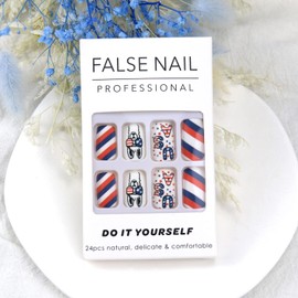 4th of July Press on Nails Short Square Fake Nails Independence Day Nail Design False Nails Acrylic Square Fake Nails French Tip Nail Design Nails Line Star Red Nail Tip Full Cover Coffin False Nails Stick on Nails for Women for Nail Art Nail Decorations