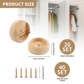 KEJJNYER 40 Pack Wooden Closet Pole Socket 1-3/8", Wood Closet Rod Ends Brackets Holders with Screws, Wooden Closet Pole Sockets Holder for Wardrobe