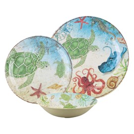 UPware 12-Piece Melamine Dinnerware Set, Includes Dinner Plates, Salad Plates, Bowls, Service for 4. (Sea Turtle)