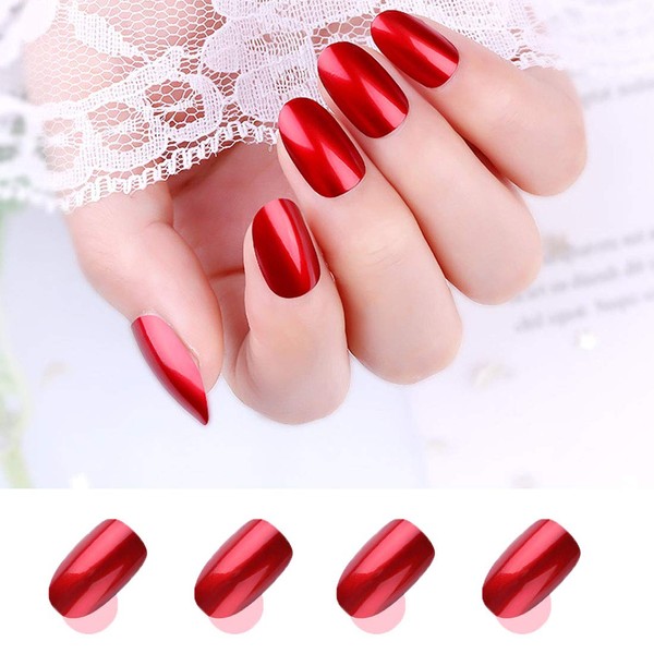 Pack of 24 Red Mirror Fake Nails Full Cover Oval False Nails for Women and Girls