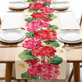 Uruney Spring Summer Geranium Flower Table Runner, Red Floral Butterfly Kitchen Dining Table Decoration, Seasonal Burlap Indoor Outdoor Home Decor Party Supply 13 x 36 Inches