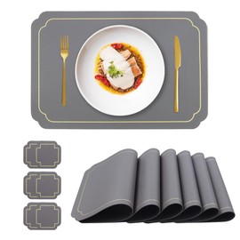 fanquare Gray Faux Leather Placemats Waterproof Placemats and Coasters Set of 12 Large Rectangular Table Mats Easy to Clean Kitchen Place Mats Nordic Style