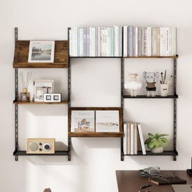 GILLAS Wall Mounted Floating Shelves, 8 Tier Wall Mounted Storage Shelves, Industrial Rustic Bookshelf with Adjustable Metal Brackets, Display Rack for Living Room, Bedroom, Kitchen, Home Office