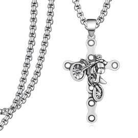Dirt Bike Motorcycle Necklace 925 Sterling Silver Motocross Necklace Cross Pendant Jewelry Gift Accessories Gear Stuff Christian for Men