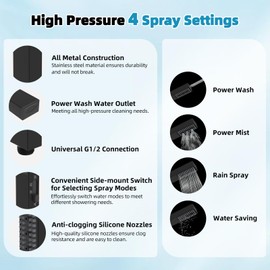 Hibbent All Metal High Pressure 10'' Rainfall Shower Head, Showerhead Combo with 4-mode Handheld Spray, 12'' Adjustable Extension Arm, Extension Bar, Easy Reach Holder, 71'' Hose, Matte Black