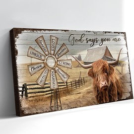 Farmhouse Highland Cow Wall Art Large Rustic Country Cow Barn Windmill Pictures Wall Decor Highland Cow Canvas Prints Painting Framed Artwork For Bedroom Bathroom Kitchen Living Room 16"X32"