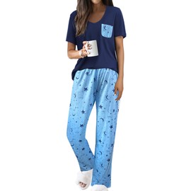 Famulily Women's Comfy Short Sleeve Pajamas Set V Neck Sleepwear Top with Pockets and Casual Pants Pjs Printed Lounge Sets Navy XL