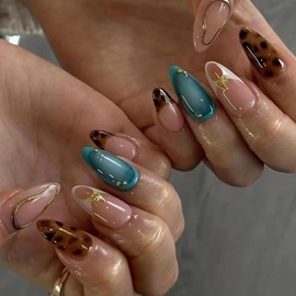 MERVF Press on Nails Medium Almond Fake Nails French Tip Glue on Nails Brown Leopard Design Stiletto 3D Gold Press Fall Acrylic Vintage False Nails ons Glossy 30pcs