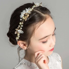 Bufenia Flower Girl Pearl Headpiece, Golden Princess Headband, Daisy Hair Vine Bridal Hair Accessories for Wedding