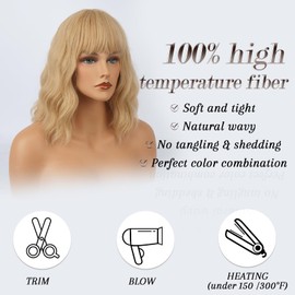 BARSDAR Short Bob Wigs with Fringe, 35 cm Women Short Blonde Wigs with Fringe Curly Wavy Synthetic Shoulder Length Wigs Free Wigs Natural Girls Party (Blonde Mixed)