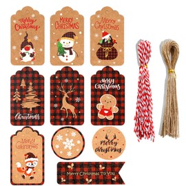100 PCS Christmas Gift Tags with String, 10 Different Patterns Christmas Tree Decoration Tags, Xmas Tags Label for DIY Homemade Holiday Present Wrap (Red)