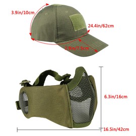 AOUTACC Airsoft Mesh Mask with Ear Protection and Adjustable Baseball Cap Set for CS/Hunting/Paintball/Shooting (OD)