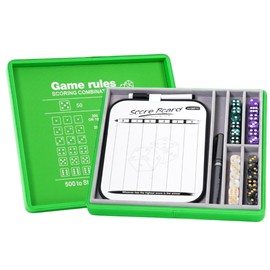 AUSIIBTO Dice Tray and Storage Case for Farkle Game - Includes Embedded Scoring Combinations, 4 Sets of 6 Pearl Dice, 50 Sheet Score Pad and Pen Holder for The Classic Family Game - Green and Grey
