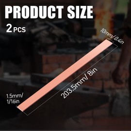 2PCS Copper Flat Bar 1/16" Thickness x 0.4" Width x 8" Length, 99.9% Copper Bus Bar Stock, 1.5mm x 10mm x 203mm C110 Solid Copper Flat Bar Stock