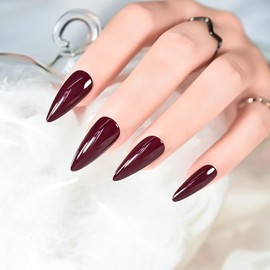 24pcs Dark Burgundy Press On Fake Nails Medium Long Stiletto Sharp Pointed False Nail Tips Glossy Full Cover Stick On Acrylic Nails For Women And Girls