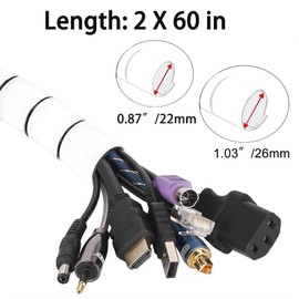 MOSOTECH Cable Tidy Sleeves, 2 X 60'' Cable Management Wire Tidy Cable Cover Protector for PC TV Computer, Home and Office Cord Organizer, DIY Flexible, White