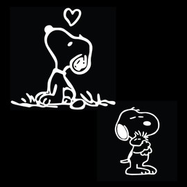 Snoopy Car Decal Set, White Vinyl Stickers, 5.0 x 4.8 inches and 2.7 x 4.2 inches, for Laptop, Car Windows