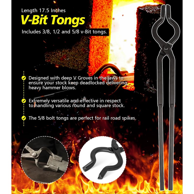 Yoursme Beginner Blacksmith Tongs Set: 1/4 Flat Jaw, Pick Up,