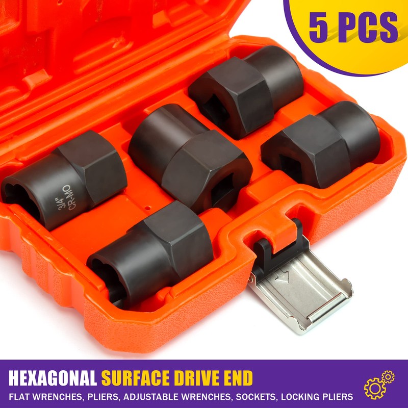 5PCS Bolt Extractor Kit Heavy Duty, 1/2" Drive Impact Lug