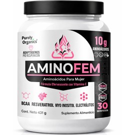 AminoFem | Amino para mujeres | 10g de Aminoácidos por porción | BCAA 8:1 + Glutamina, Myo Inositol, Vitamina C y Acido Folico | Electrolitos Mg/K/Na | Sin Azúcar, Sin Cafeína | Purely Oganics | 30 servicios, Ponche de Frutas