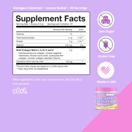 Obvi Collagen Peptide Colostrum Powder | Multi-Collagen Peptides with Grass-Fed Bovine Colostrum | Supports Gut Health, Immune, Skin & Hair | Gluten-Free, Keto-Friendly | Lemon Sorbet, 30 Servings