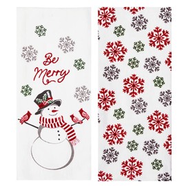 Winter Wonder Lane White Kitchen Towels, Set of 2, Embroidered Be Merry, Snowman, Snowflakes, Red Cardinals Dual-Sided Cotton Terry for Decorating 15 x 25 inches for Xmas Decorating