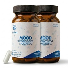 Bioflora Mood Probióticos y Prebióticos  Citrato y Glicinato de Magnesio, 35 Cápsulas Veganas de 550 mg cu, contiene 8 diferentes Cepas y15 Billones. 