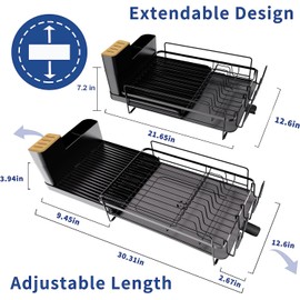 Runnatal Large Dish Drying Rack with Drainboard Set, Dish Rack, Extendable Dish Rack, Utensil Holder, Cup Holder, Expandable Dish Drainer for Kitchen Counter