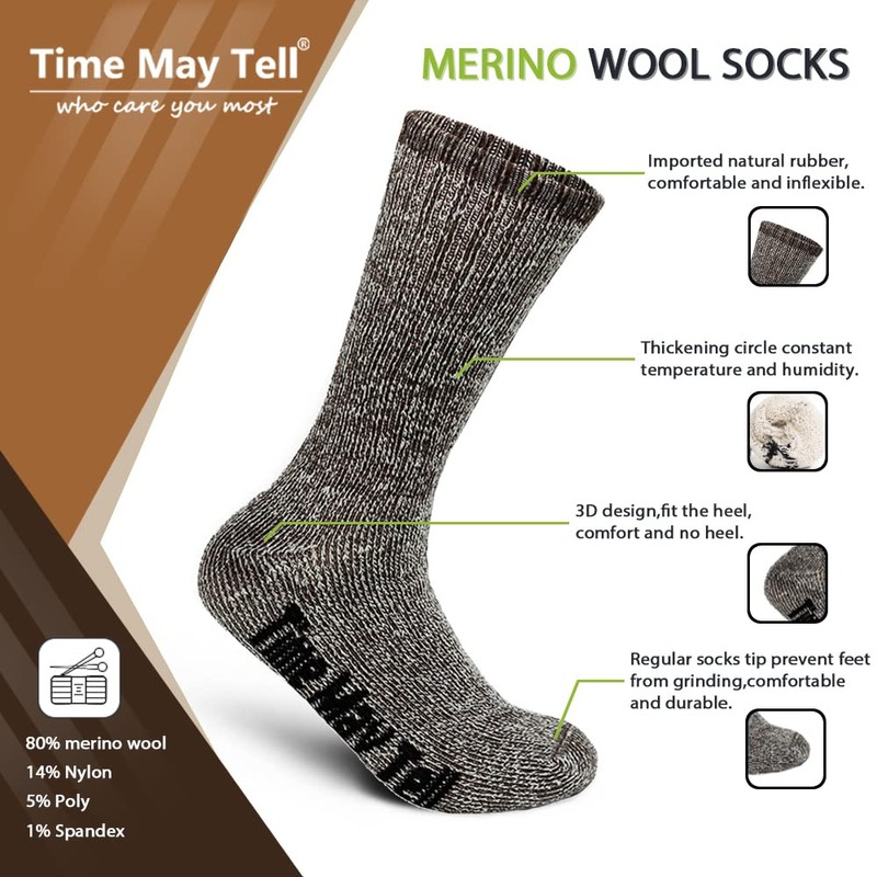 Time May Tell Mens Merino Wool Hiking Cushion Socks Thermal