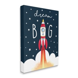 Stupell Industries Dream Big Sentiment Rocket Blast Off Starry Clouds, Designed by Elizabeth Tyndall Canvas Wall Art, 24 x 30, Blue