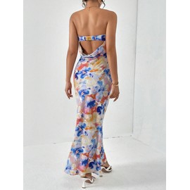 OYOANGLE Women's Floral Print Sleeveless Strapless Draped Backless Bodycon Summer Maxi Tube Dress Multicolor Small