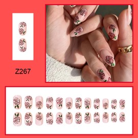 Flower Press on Nails Medium Length, Almond Shape Nude Artificial Fake Nails Set, Acrylic Fingernails Oval False Nails with Floral Rose Designs, Full Cover Reusable Flower Fake Glue Nails for Women
