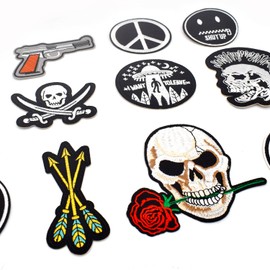 Pack of 12 iron-on patches, biker, punk patches, skull patches, DIY motorcycle patches for jackets, jeans, coats, hats