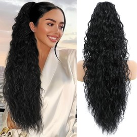 Ponytail Extension, Claw Clip on Pony tails Hair Extension for Women 28 Inch Long Wavy Curly Fake Ponytail Clip in Hair Pieces for Women Fluffy Natural Looking (1B, 28 Inch)