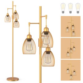 Gold Floor Lamp, Dimmable Industrial Floor Lamp Farmhouse Floor Lamps for Living Room with Cages 70'' Tall Lamp Modern Floor Lamp Standing Lamp for Bedroom Office Living Room 3 LED Bulbs Included