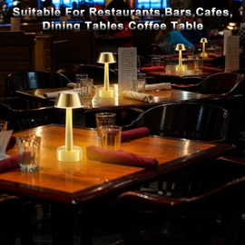 2 Pack Small Cordless Table Lamp, Battery Operated Gold Lamp for Restaurant Dinner Table, Rechargeable 3-Way Dimmable Touch Light Portable Metal Night Light for Bedside Dining Room Patio Bar Outdoor