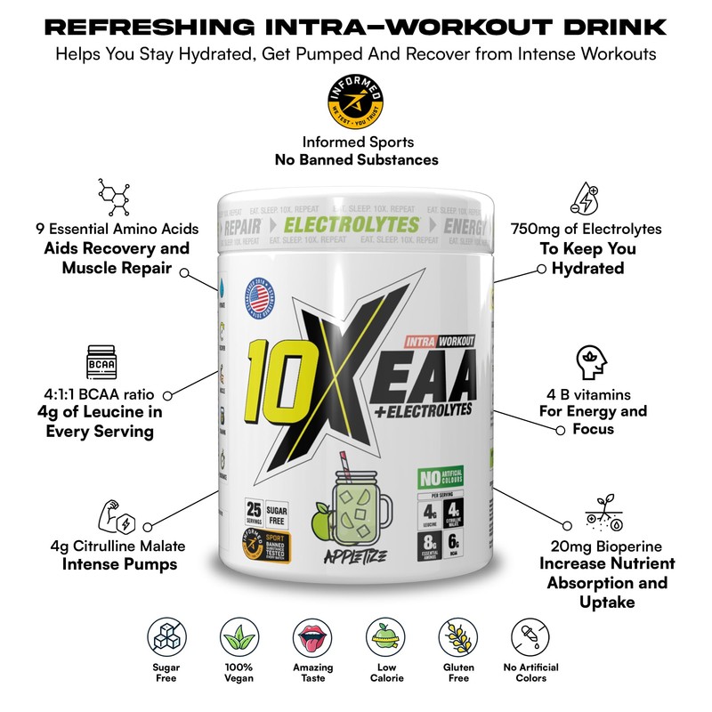 10X Athletic Full Essential Amino Acids Blend with Electrolytes, Sugar