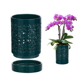 mwellewm Orchid Pot with Holes Ceramic Plant Pots Indoor Outdoor Flower Pots for Repotting with Drainage and Saucer 4 Inch Breathable Slotted Orchids Planter (Green)