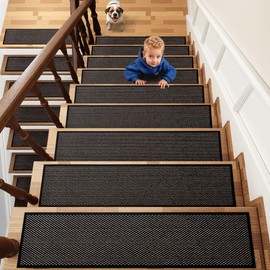 Non Slip Stair Runners for Wooden Steps, 15 Pack Rubber Backing Carpet Stair Treads for Wood Cover Indoor, Thicken Linen No Residue Carpet Covers for Staircase(Black, 7PCS)