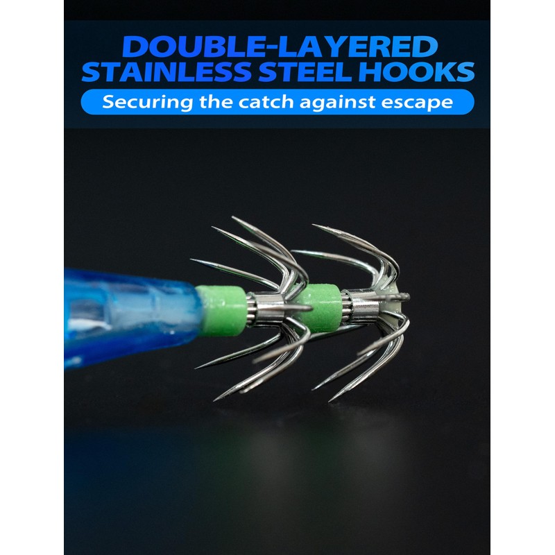 BLUEWING Lighted Squid Jig with Double-Layered Stainless Steel Hooks Water-Activated