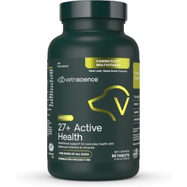 VetriScience 27+ Active Health Chewable Tablets, Canine Plus Daily Multivitamin for Puppies and Adult Dogs, Balanced Vitamins, Minerals and Antioxidants, Health and Wellness Support, Duck, 90 Count