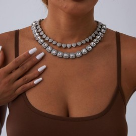 DIDISEE Silver Cuban Link Chain for Women Heart Tennis Necklaces Diamond Chain Choker Necklace Layered Necklace Rhinestone Bling Necklace for Women Hip Hop Jewelry 18 20