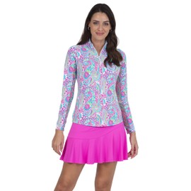 IBKUL Athleisure Wear Sun Protective UPF 50+ Icefil Cooling Gloria Print Long Sleeve Mock Neck Top – 10869 Hot Pink/Turquoise Gloria M