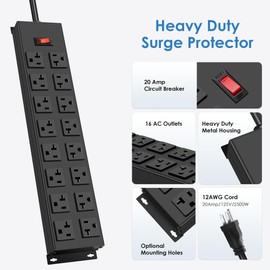 JUNNUJ Heavy Duty 20 Amp Power Strip, Garage 16 Outlets Metal 12 Gauge Surge Protector 3000J, High Amp 5-15P Adapter Shop 6-20R T-Slot Industrial Outlets, 6 FT Extension Cord Commercial for Appliance