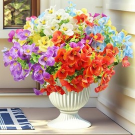 Pyrnox Outdoor Decor Artificial Fake Flowers Plants12 PCS Pansy UV Resistant No Fade Lifelike Decor for Garden Home Balcony Porch Yard (Tangerine Purple Blue Yellow White Pink)