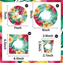 WODJR 80Pcs Tropical Luau Party Supplies Aloha Hawaiian Party Decorations Tropical Dinnerware Hawaiian Tableware Hawaii Plates Napkins Cups Palm Leaf Disposable Tableware for Summer Beach Decorations