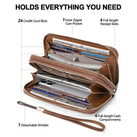 BOSTANTEN Wallets for Women Leather RFID Double Zipper Around Credit Card Holder Large Capacity Wristlet Clutch Wallet with Grip Hand Strap Beige＆Brown