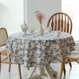 Pastoral Round Tablecloth - 60 Inch Dia. - Beige Linen Table Cloth - Washable Table Cover with Dust-Proof Wrinkle Resistant for Restaurant, Picnic, Indoor and Outdoor Dining, Floral (Dark Blue)