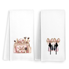FITIE Pink and Gold Black Bathroom Hand Towels, Coquette Girly Bathroom Decor, Girly Makeup Brush High Heel Shoes Decorative Hand Towels for Vanity Power Room Washroom Restroom, 16x24 Inch Set of 2