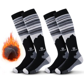 RIOROO 2 Pairs Unisex Merino Wool Ski Socks for Men and Women, Thick Thermal Socks for Cold Weather, Knee High, Breathable, Quick Drying with OTC Design/Non-Slip Cuffs, 1. Black and black